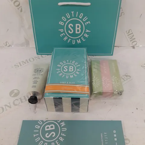 BOXED AND SEALED BOUTIQUE PERFUME SHAY AND BLUE FRESH FRUIT EAU DE PARFUM , WHITE PEACHES HAND CREAM AND EAU DE PARFUM VAPORISATEUR