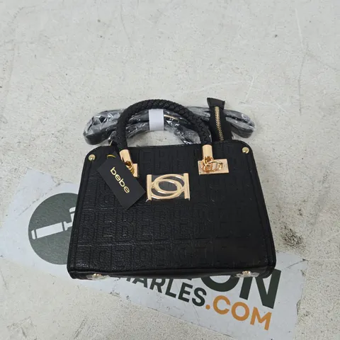 BEBE ALEXANDRA SMALL SATCHEL – BLACK TEXTURED HANDBAG WITH GOLD HARDWARE