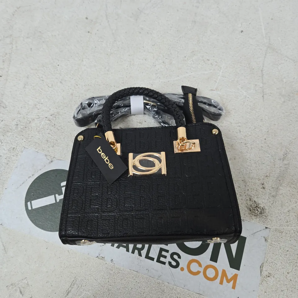 BEBE ALEXANDRA SMALL SATCHEL – BLACK TEXTURED HANDBAG WITH GOLD HARDWARE