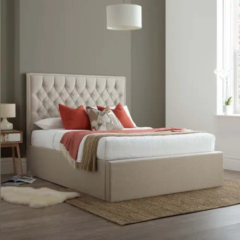 BRAND NEW BOXED CAVERSHAM DOUBLE OTTOMAN BED, OATMEAL CLASSIC LINEN-WEAVE FABRIC (4 BOXES)