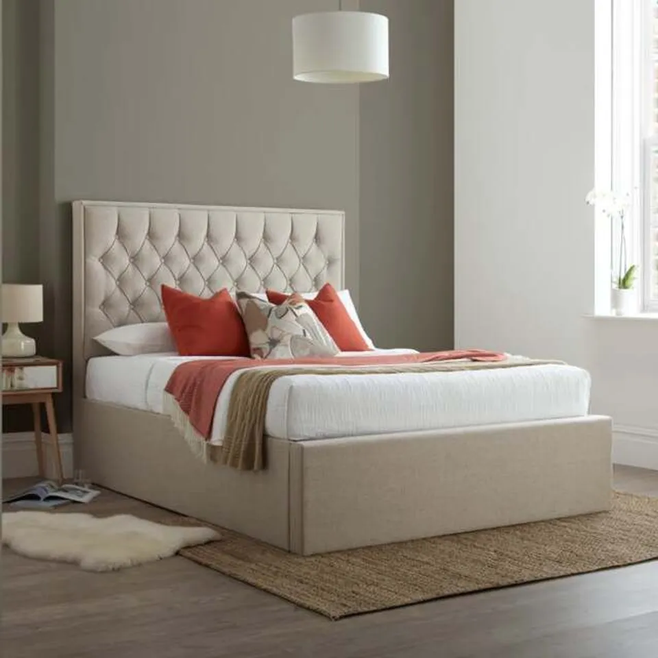 BRAND NEW BOXED CAVERSHAM DOUBLE OTTOMAN BED, OATMEAL CLASSIC LINEN-WEAVE FABRIC (4 BOXES)