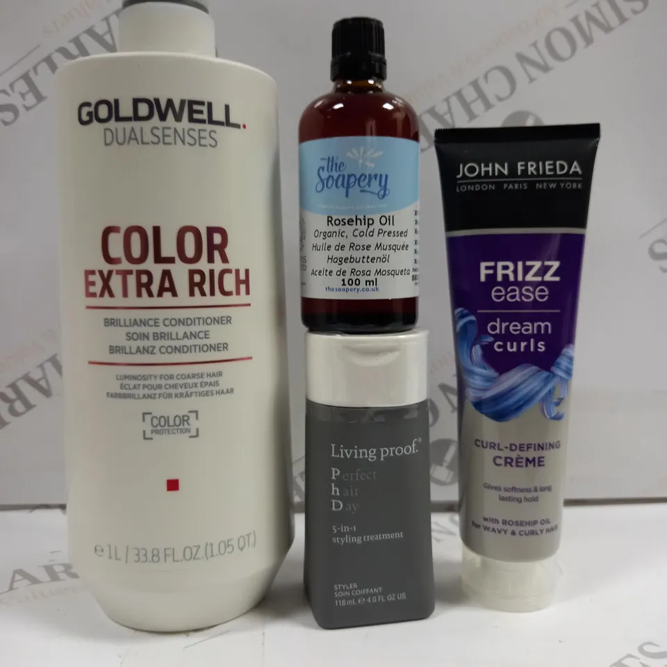 BOX OF APPROXIMATELY 20 ASSORTED COSMETIC ITEMS TO INCLUDE GOLDWELL DUAL SENSES CONDITIONER, JOHN FRIEDA DREAM CURLS, ROSEHIP OIL ETC