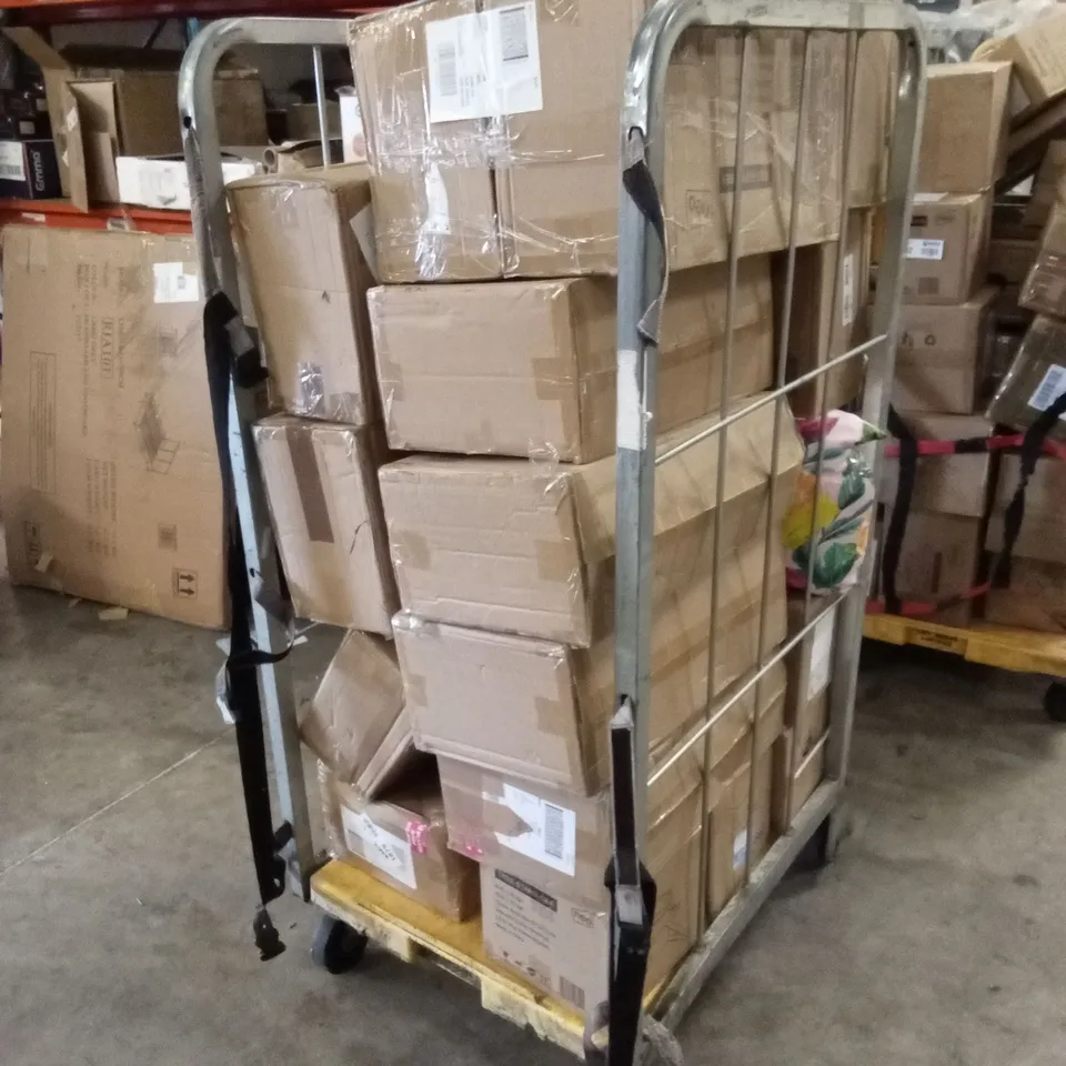 CAGE OF ASSORTED HOUSEHOLD GOODS AND PRODUCTS TO INCLUDE; A LARGE NUMBER OF CHRISTMAS TREE SKIRTS, TREE STANDS AND CUSHION ETC