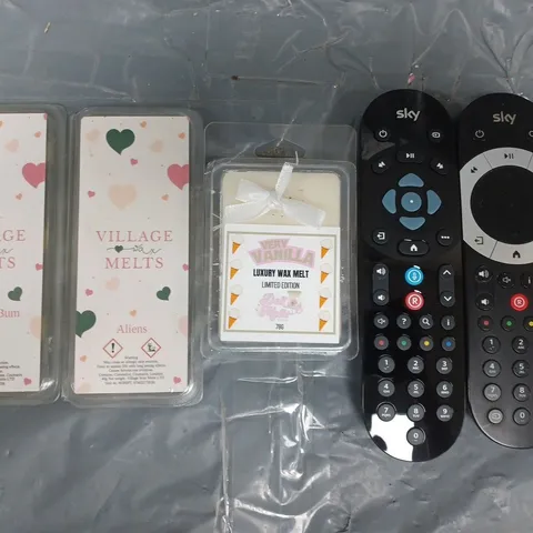 APPROXIMATELY 10 ASSORTED HOUSEHOLD ITEMS TO INCLUDE SKY REMOTES, WAX MELTS, ETC