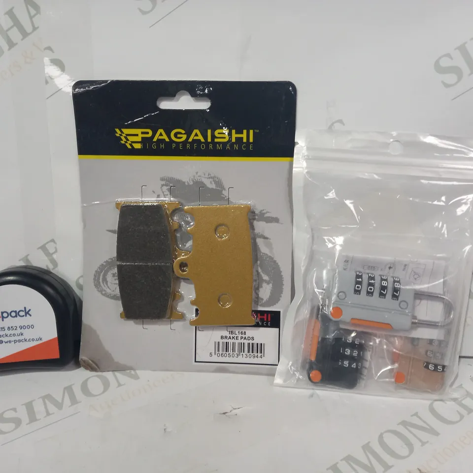 BOX OF APPROXIMATELY 10 ASSORTED HOUSEHOLD ITEMS TO INCLUDE COMBINATION LOCK, BRAKE PADS, ETC