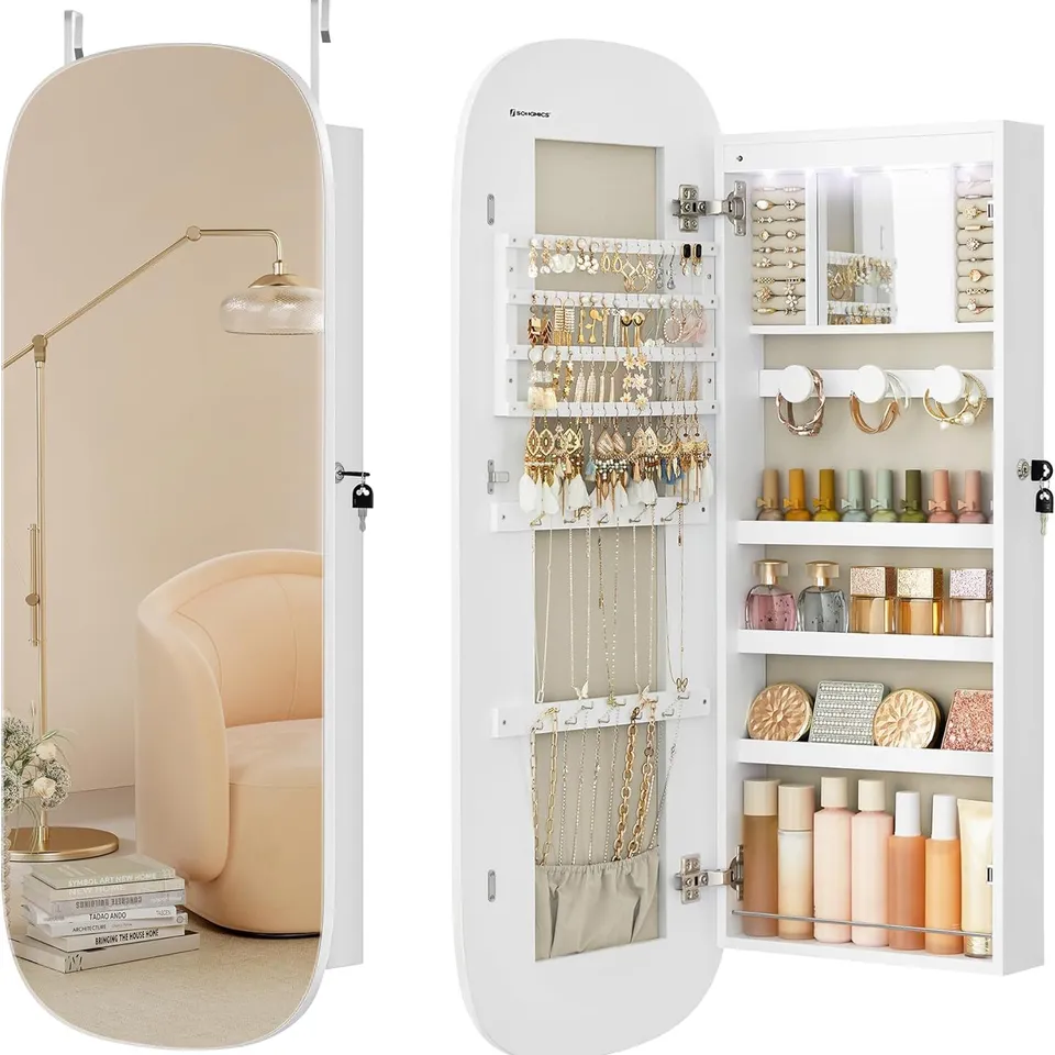 BOXED SONGMICS LED MIRROR WITH STORAGE, JEWELLERY CABINET WALL/DOOR MOUNTED, 10×42×108CM, WHITE SURFACE WITH GREIGE LINING