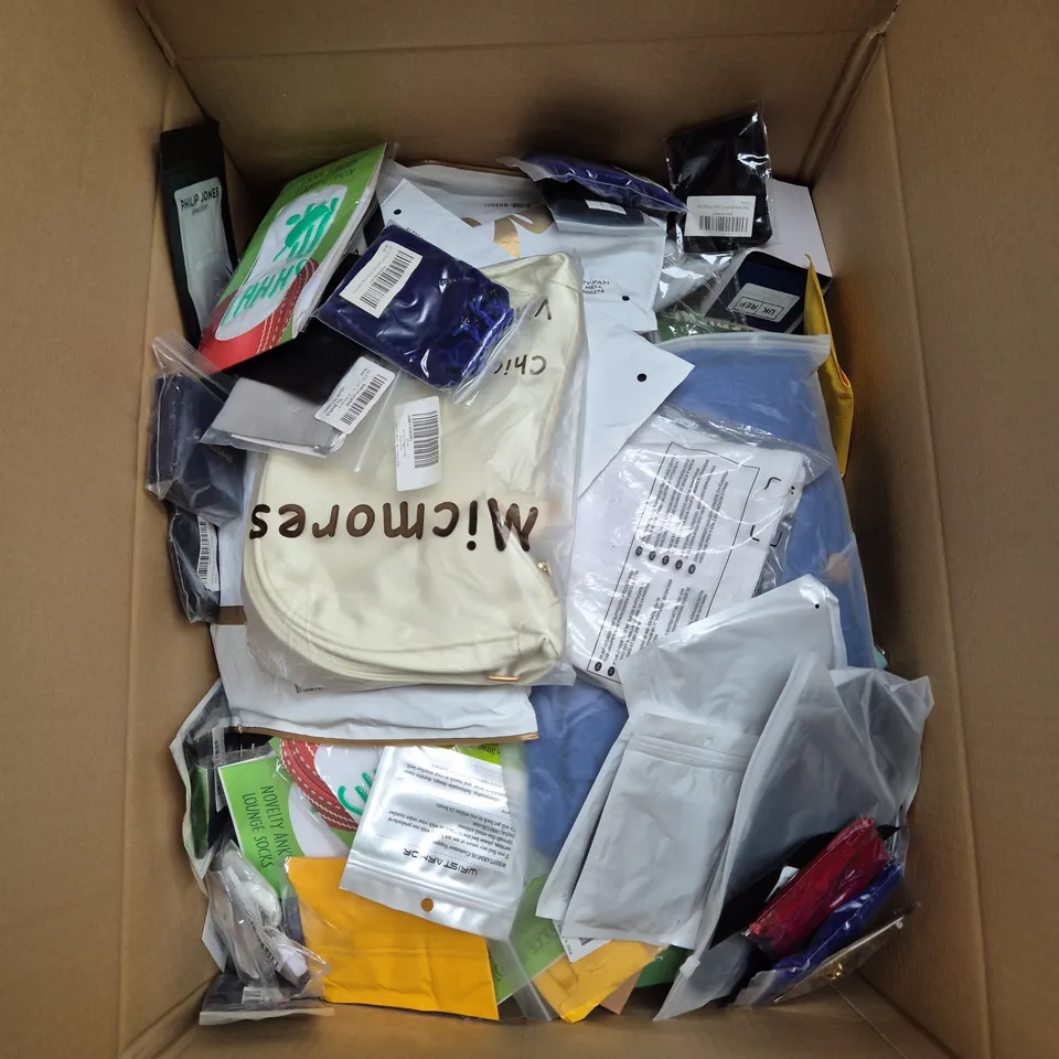 LARGE BOX OF ASSORTED ITEMS TO INCLUDE CLOTHING, JEWELLERY AND BAGS - COLLECTION ONLY