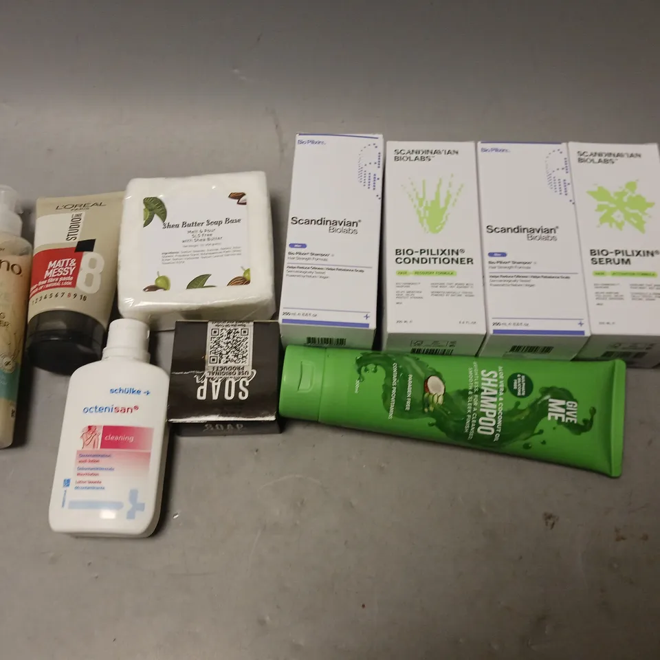 BOX OF APPROXIMATELY 15 COSMETIC ITEMS TO INCLUDE GIVE ME SHAMPOO, BIOLABS SHAMPOO, AND SHEA BUTTER SOAP ETC. 