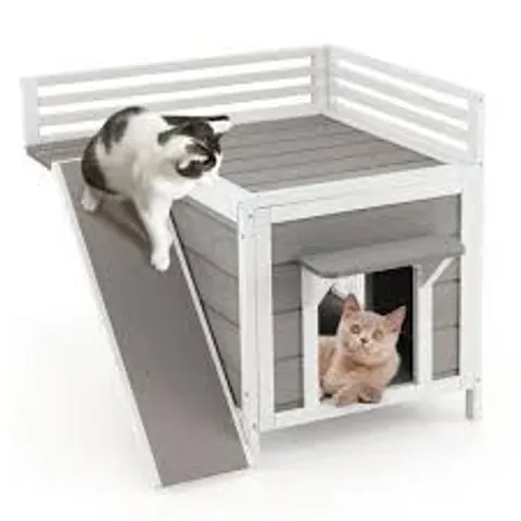 BOXED COSTWAY GREY PET DOG HOUSE WITH BALCONY