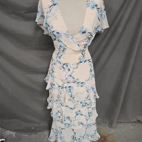 OASIS LAYERED TIE WAIST MIDI DRESS IN CREAM/BLUE FLORAL SIZE 10