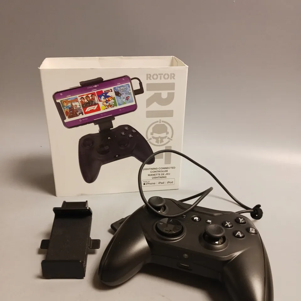 BOXED ROTOR RIOT PHONE CONTROLLER WITH PHONE STAND AND LIGHTNING CONNECTOR CABLE MADE FOR APPLE PRODUCTS IN BLACK