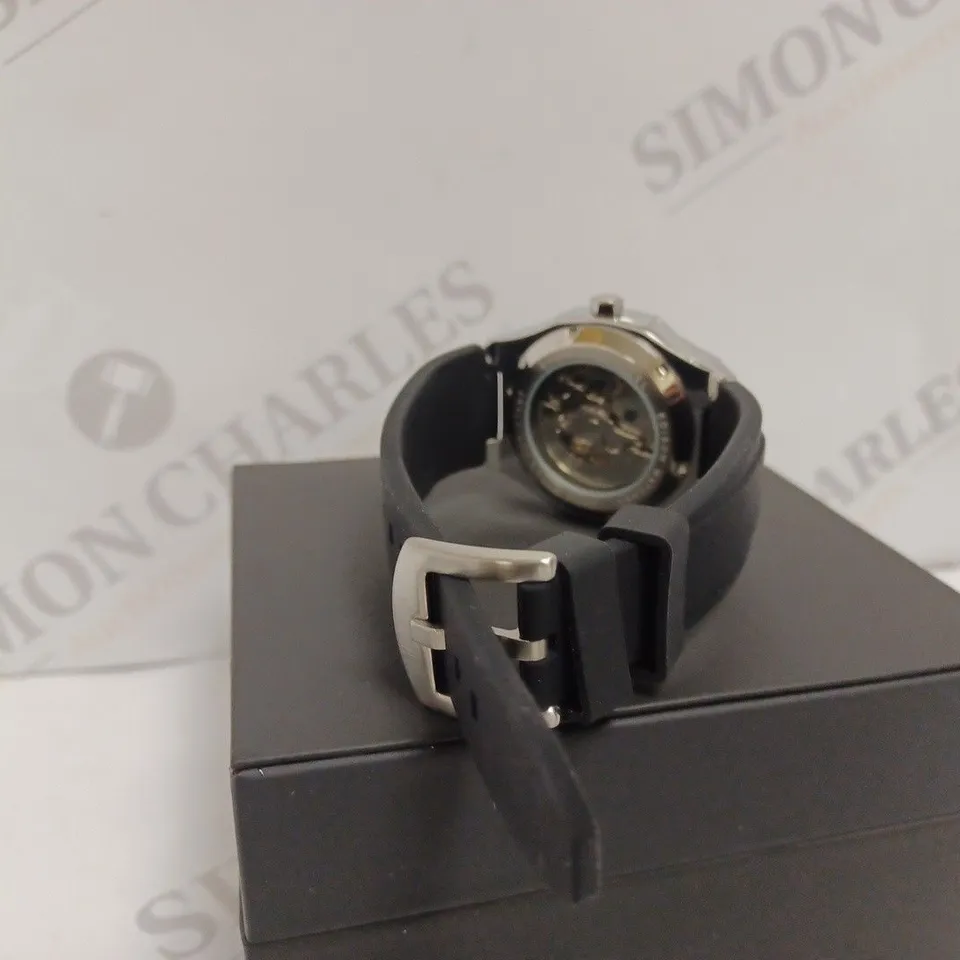 EDISON AUTOMATIC ROADSTER HEXAGON MENS WATCH - STAINLESS STEEL CASE - BLACK RUBBER STRAP - 3ATM WATER RESISTANT - DISPLAY BOX