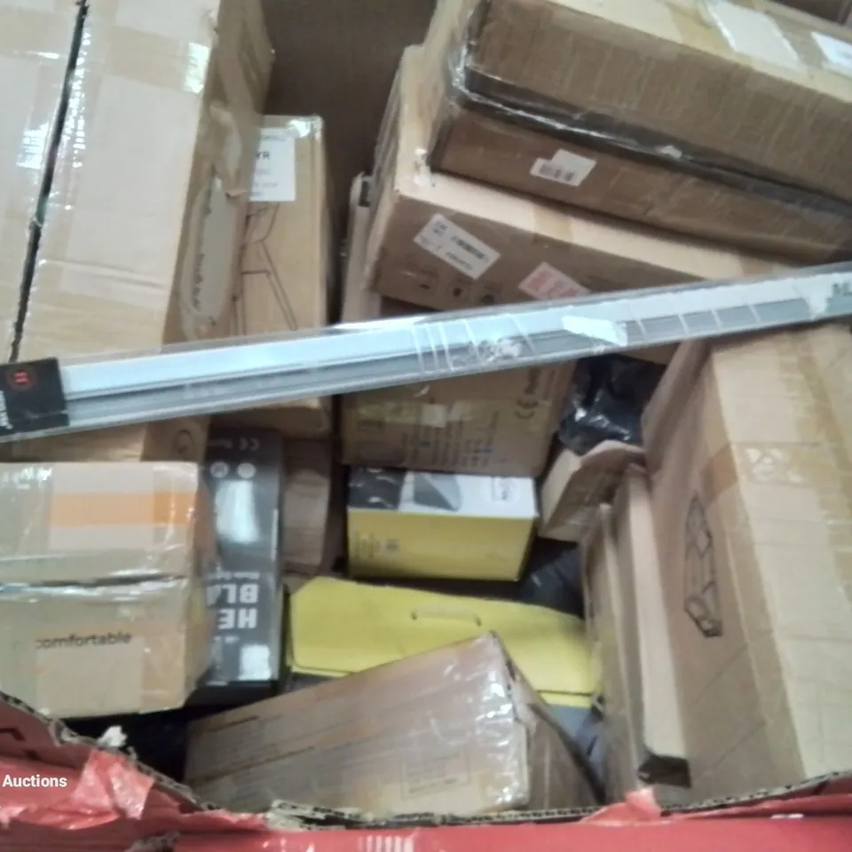 PALLET CONTAINING VARIOUS ASSORTED BOXED HOUSEHOLD ITEMS TO INCLUDE: HEATED THROWS, CAMPING COT INFARED PANEL HEATER,  BABY HIGH CHAIR AND LOTS MORE UNMARKED BOXED ITEMS 