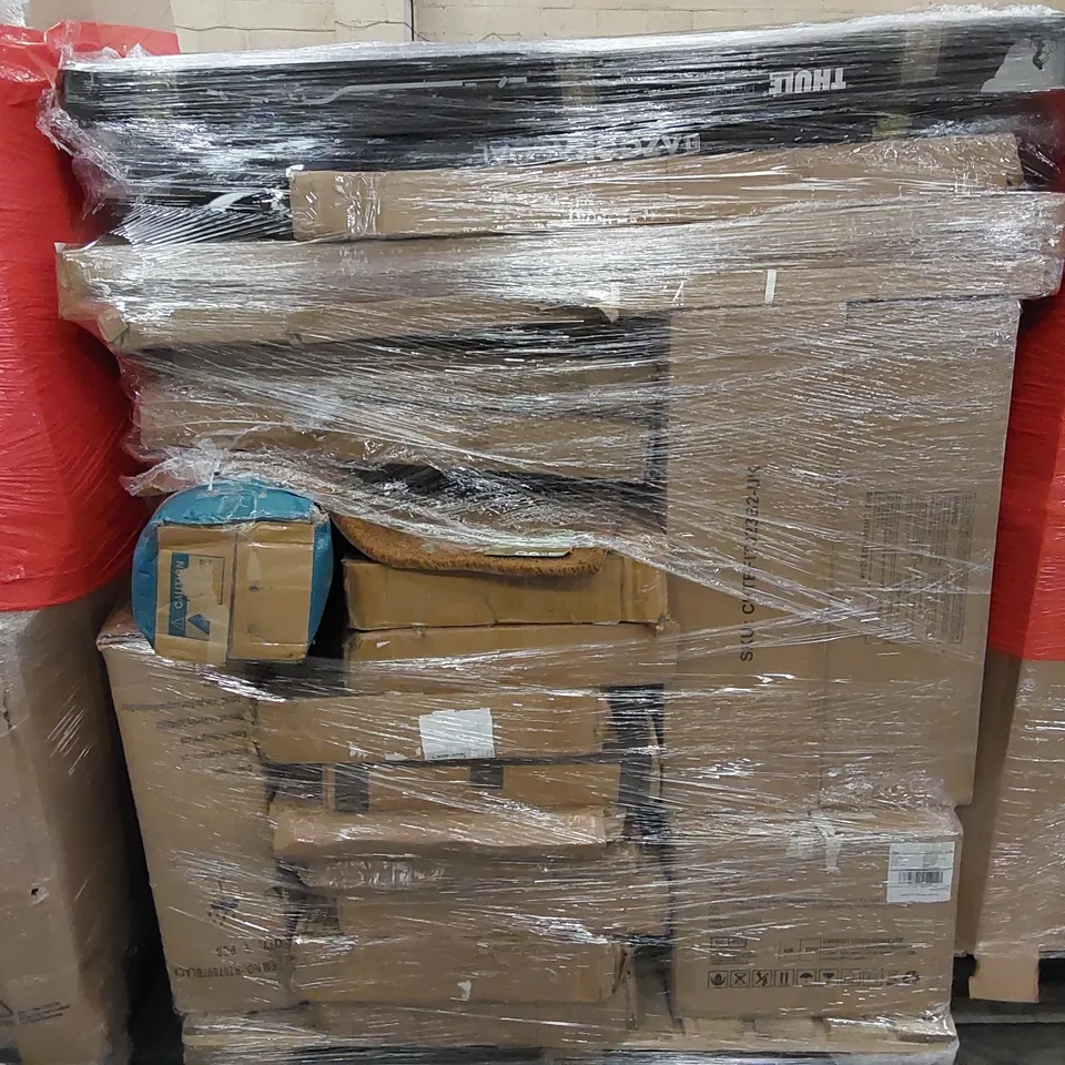 PALLET OF ASSORTED ITEMS INCLUDING: BED, BIKE RACK, DOOR MAT