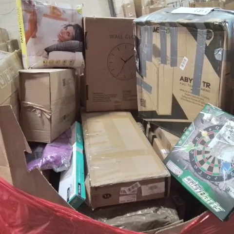 PALLET CONTAINING VARIOUS ASSORTED BOXED HOUSEHOLD ITEMS TO INCLUDE: CRAZY DARTS BOARD, WALL CLOCK, HEATED CUSHION, TV MOUNT, GAMING TOWER AND LOTS MORE UNMARKED BOXED ITEMS 