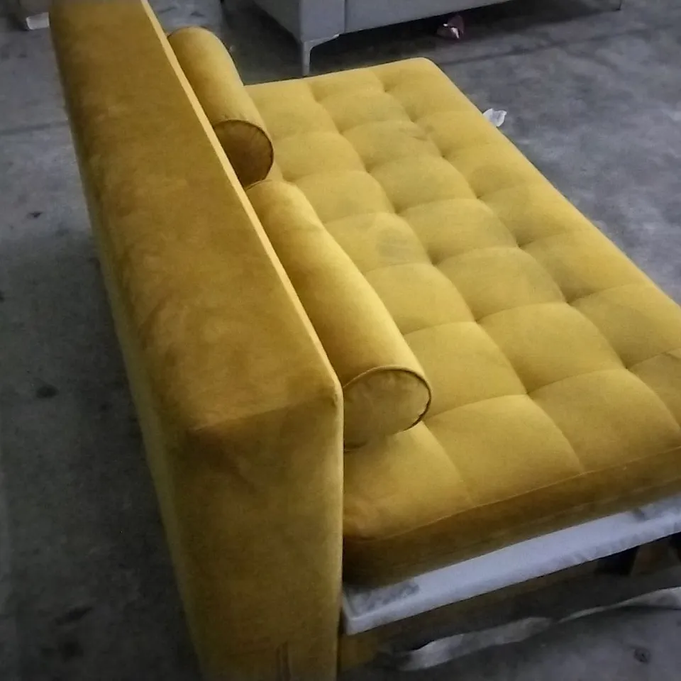 DESIGNER MUSTARD PLUSH VELVET SMALL SOFABED WITH STROLL CUSHIONS (SIDES MISSING)