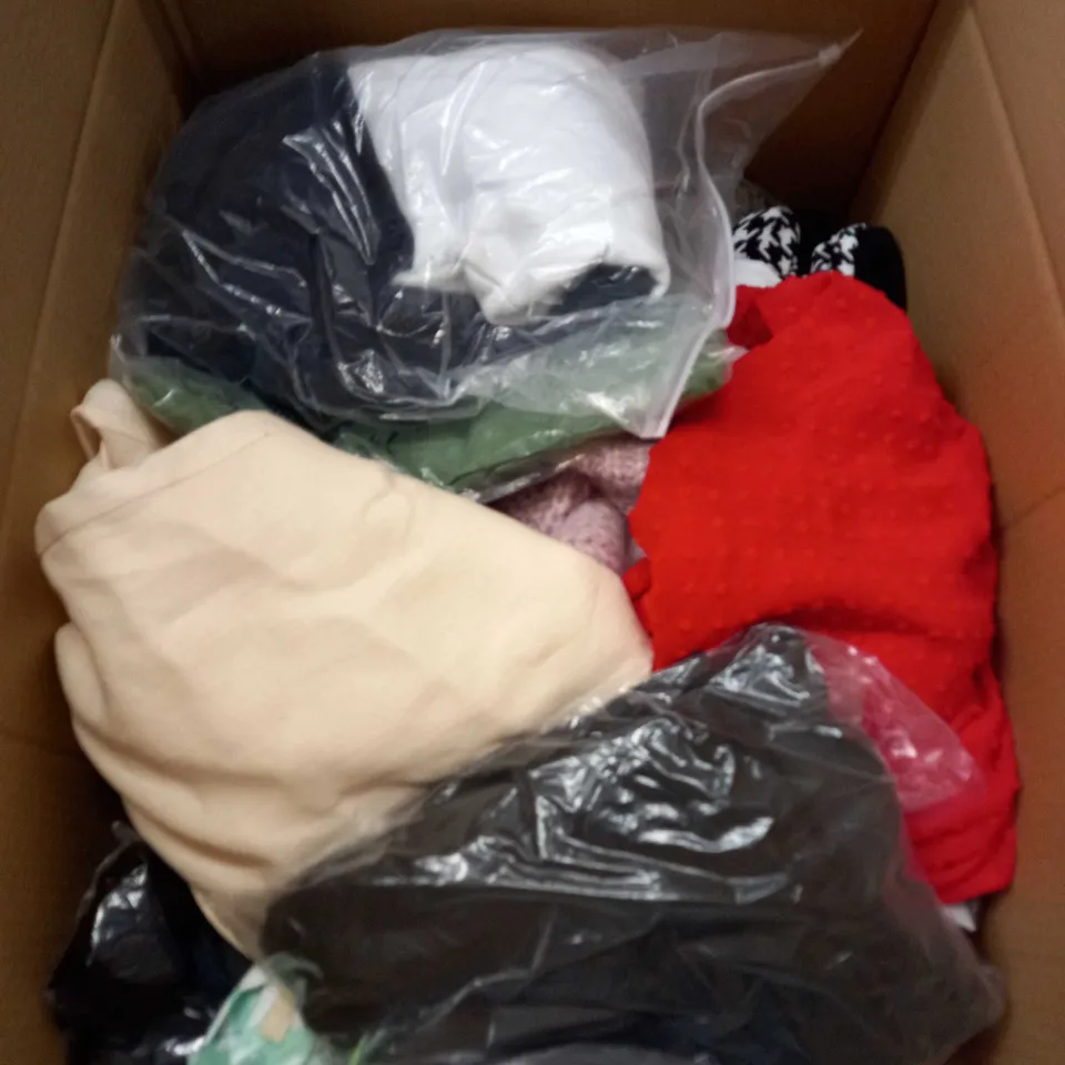  BOX OF ASSORTED CLOTHING ITEMS TOO INCLUDE DRESSES , SHIRTS AND TROUSERS IN VARIOUS SIZES AND COLOURS   