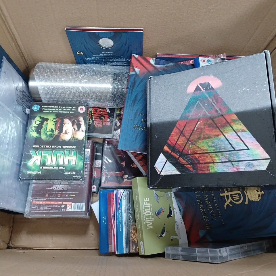 LARGE BOX OF ASSORTED ITEMS TOO INCLUDE MEMORABILIA DVD'S AND BOOKS 
