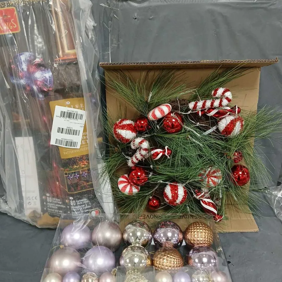 BOX OF APPROXIMATELY 5 ASSORTED HOUSEHOLD ITEMS TO INCLUDE - CANDY CANE WREATH - ASSORTED CHRISTMAS BAUBLES - THREE KINGS CANDYSWIRL STAKES - ETC 