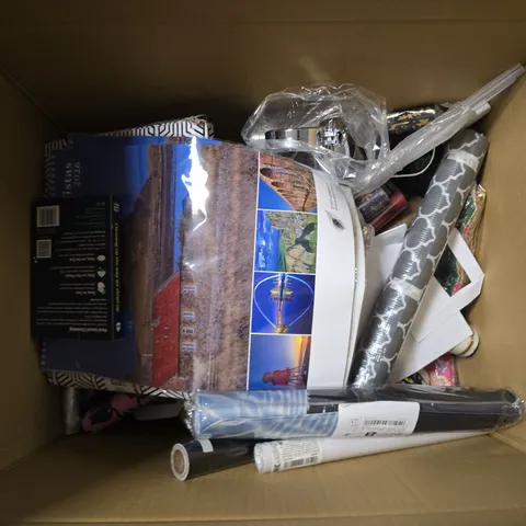 BOX OF APPROXIMATELY 15 ASSORTED HOUSEHOLD ITEMS TO INCLUDE WALLPAPER , WRAPPING PAPER AND CALENDAR