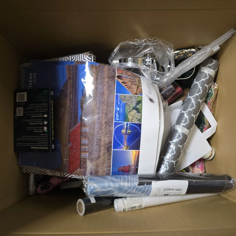 BOX OF APPROXIMATELY 15 ASSORTED HOUSEHOLD ITEMS TO INCLUDE WALLPAPER , WRAPPING PAPER AND CALENDAR