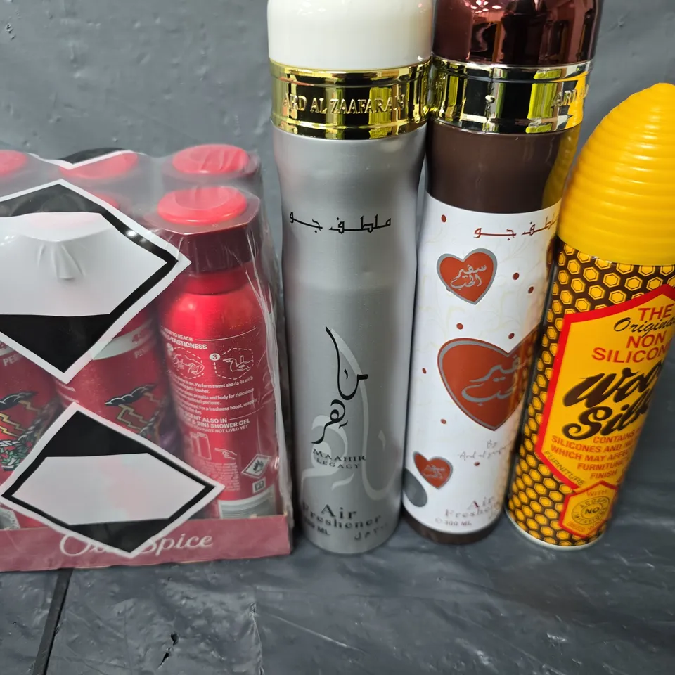 APPROXIMATELY 10 ASSORTED AEROSOLS TO INCLUDE OLD SPICE SPRAY , AIR SANITISER , ETC 