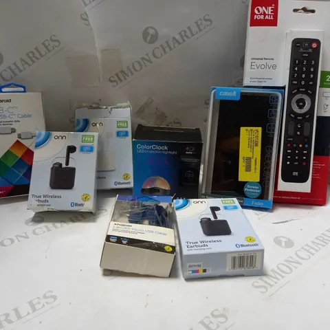 APPROX 20 ASSORTED ELECTRICAL ITEMS TO INCLUDE PHONE CASE, WIRELESS EARBUDS, USB CABLE, ETC 