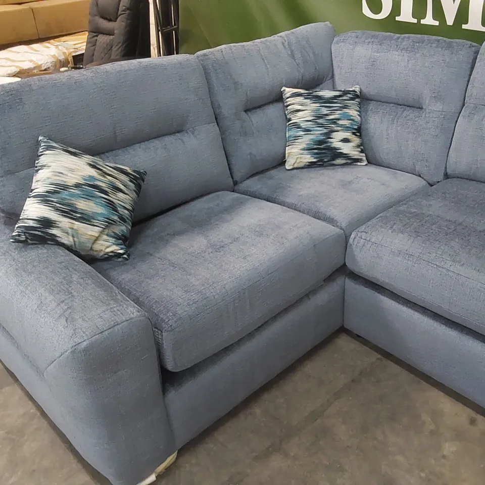 DESIGNER MELROSE FABRIC UPHOLSTERED CORNER SOFA IN DENIM BLUE