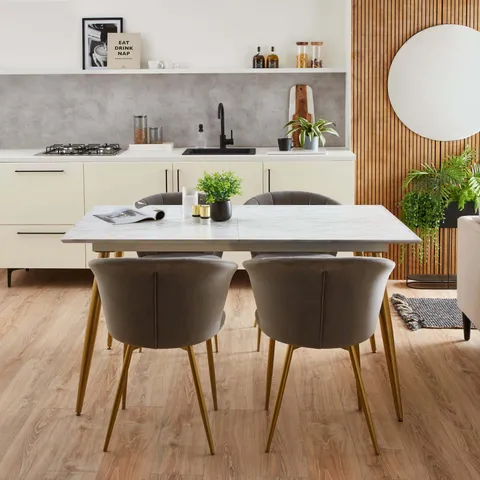 BOXED KENDALL 6-8 SEATER RECTANGULAR EXTENDABLE DINING TABLE, MARBLE EFFECT WHITE (1 BOX)