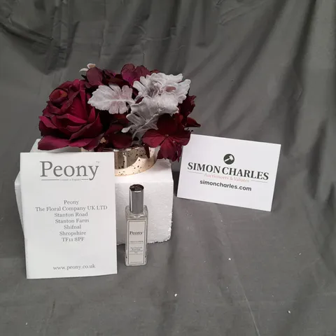 PEONY FAUX FLOWER ARRANGEMENT WITH VASE AND ROOM SCENT SPRAY