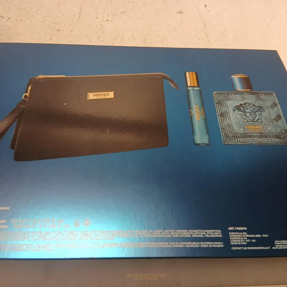 VERSACE EROS POUR HOMME GIFT SET – BLUE BOX WITH POUCH, BOTTLE & TRAVEL SPRAY
