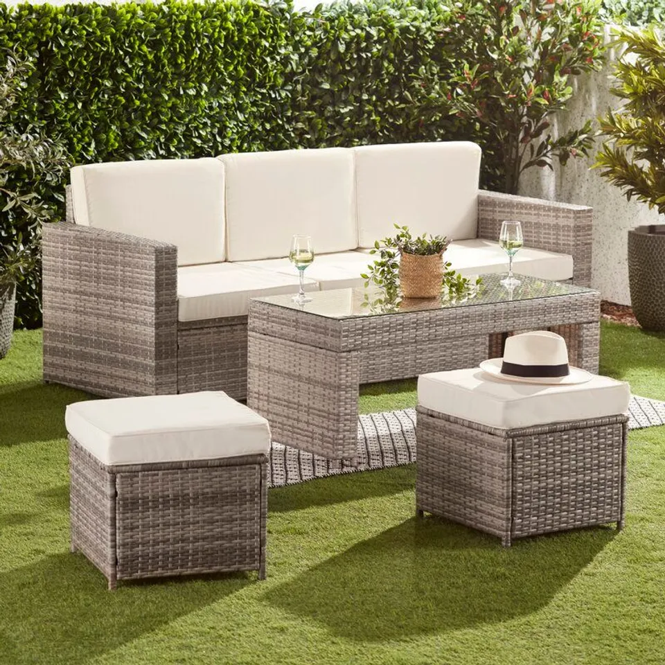 BOXED NORAN 5 SEAT RATTAN LIGHT GREY WITH COVER