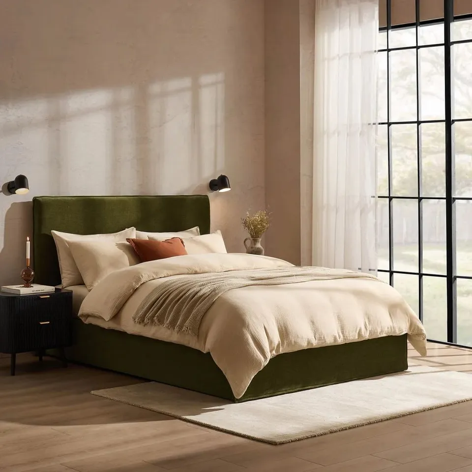 BOXED DUSK OSLO OTTOMAN STORAGE BED - CHENILLE OLIVE // SIZE: 5FT KING (2 BOXES)