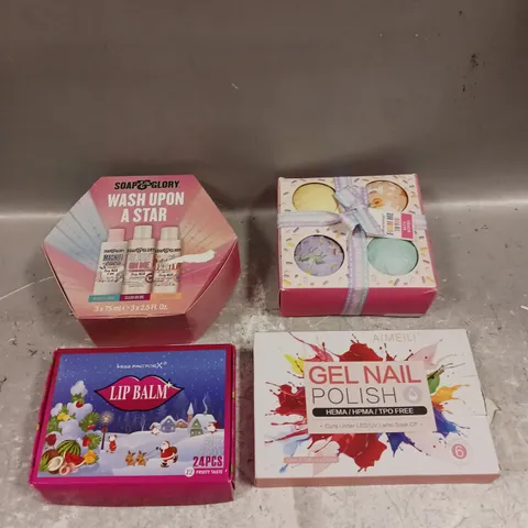 LOT OF 4 ASSORTED COSMETIC BOXSETS TO INCLUDE - SOAP & GLORY WASH UPON A STAR - BEAUTICOLOGY BATH BOMBS - AIMEILI GEL NAIL POLISH - ETC