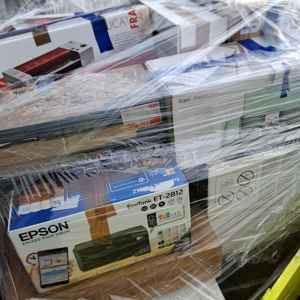 PALLET CONTAINING APPROXIMATELY 21 ASSORTED TECH ITEMS TO INCLUDE FELLOWES LAMINATOR,EPSON PRINTER AND CRICUT EXPLORE AIR 2