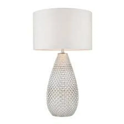 BOXED ENDON LIGHTING LIVIA SILVER GLASS TABLE LAMP, VINTAGE WHITE FABRIC SHADE 55CMH X 32CMW X 32CMD