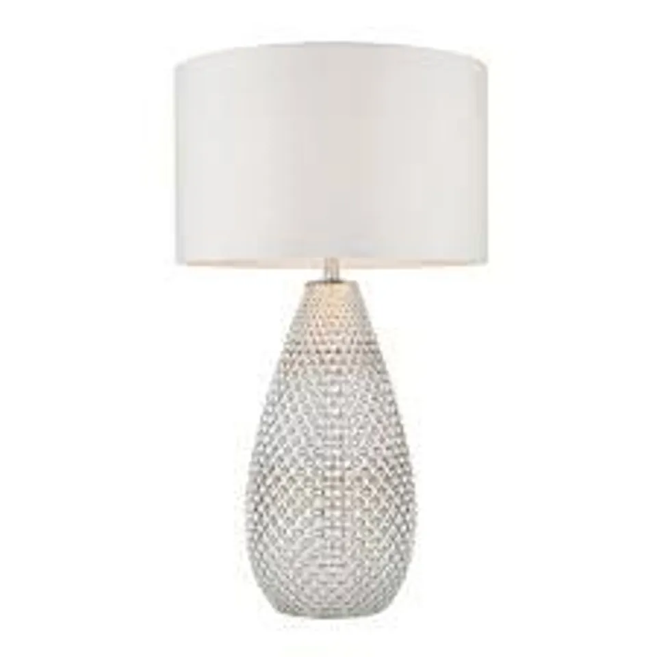 BOXED ENDON LIGHTING LIVIA  SILVER GLASS TABLE LAMP, VINTAGE WHITE FABRIC SHADE 55CMH X 32CMW X 32CMD
