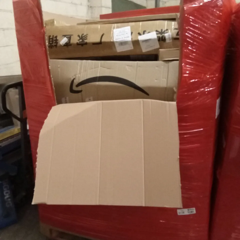 PALLET OF HOUSEHOLD GOODS AND PRODUCTS TO INCLUDE; PICTURE FRAME, BLACK MARBLE EFFECT WRAPPING PAPER, BATH & SHOWER GRAB BAR, BOXED FURNITURE ETC
