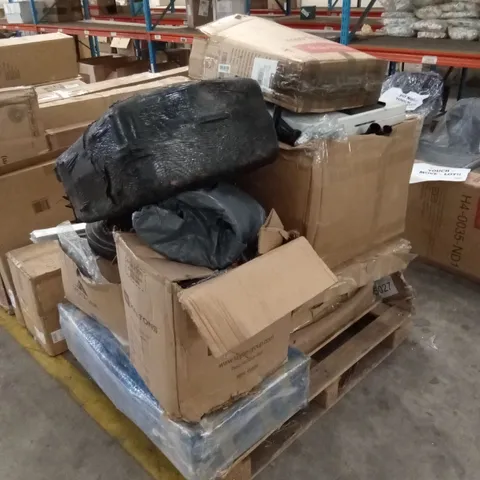 PALLET OF ASSORTED HOUSEHOLD GOODS AND PRODUCTS TO INCLUDE; PARASOL BASE, SUITCASE, TOYS, FURNITURE PARTS ETC 