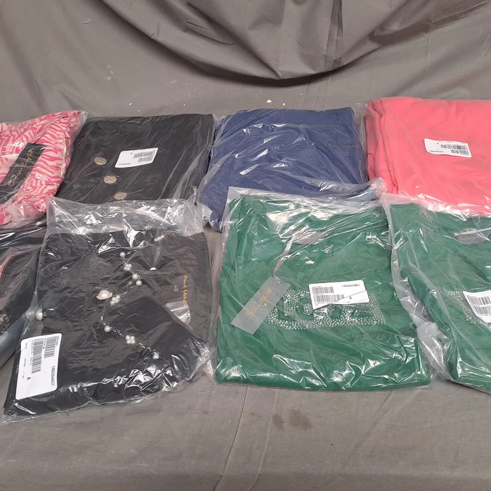 BOX OF ASSORTED CLOTHING ITEMS TOO INCLUDE COATS , TOPS, AND TROUSERS   ETC. 