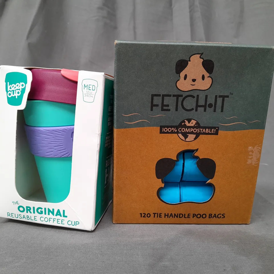 BOX OF APPROXIMATELY 20 ASSORTED HOUSEHOLD ITEMS TO INCLUDE REUSABLE COFFEE CUP, TIE HANDLE POO BAGS, ETC