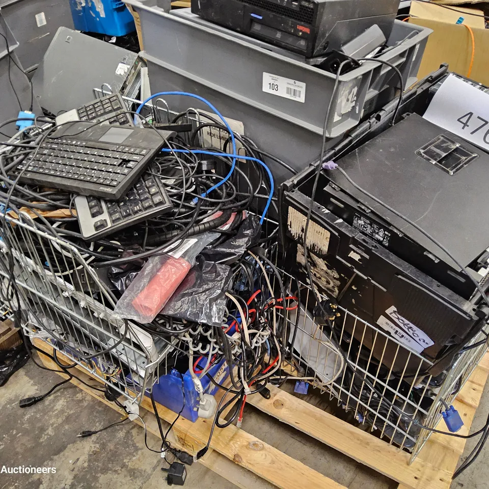 PALLET OF ASSORTED IT EQUIPMENT, INCLUDING, COMPUTERS, KEYBOARDS, CABLES, POWER CABLES.