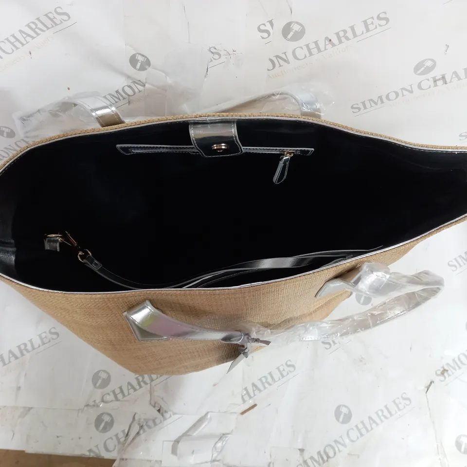 RUTH LANGSFORD BEIGE BEACH TOTE BLACK INTERIOR AND SILVER ACCENTS