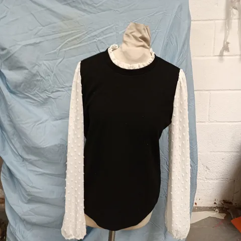 WOMEN'S BLOUSE – BLACK SLEEVELESS BODICE WITH WHITE DOTTED SLEEVES AND FRILLED COLLAR, UK 12
