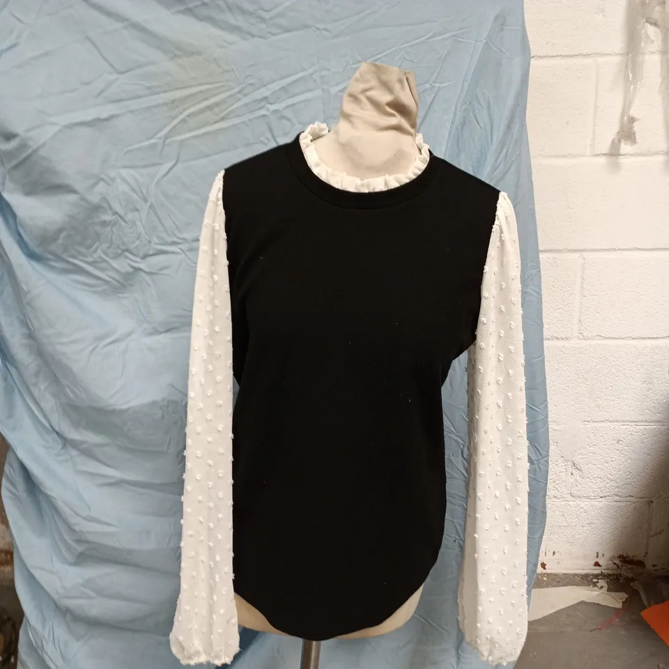 WOMEN'S BLOUSE – BLACK SLEEVELESS BODICE WITH WHITE DOTTED SLEEVES AND FRILLED COLLAR, UK 12