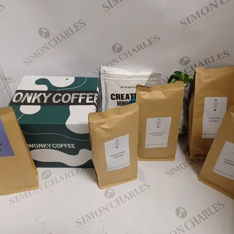APPROXIMATELY 8 ASSORTED FOOD AND DRINK PRODUCTS WONKY COFFEE, MYPROTEIN CREATINE MONOHYDRATE, BIRD WILD VOFFEE, ETC
