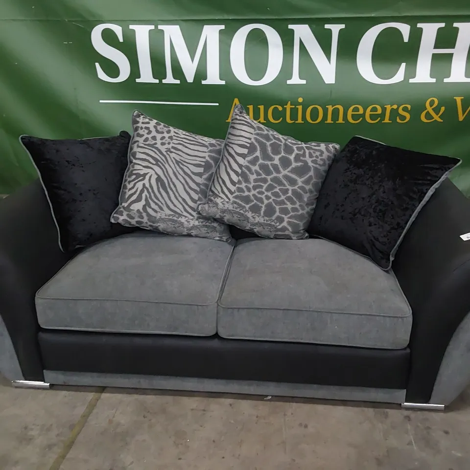 DESIGNER TWO SEATER SOFA BLACK FAUX LEATHER & GREY FABRIC WITH SCATTER CUSHIONS 