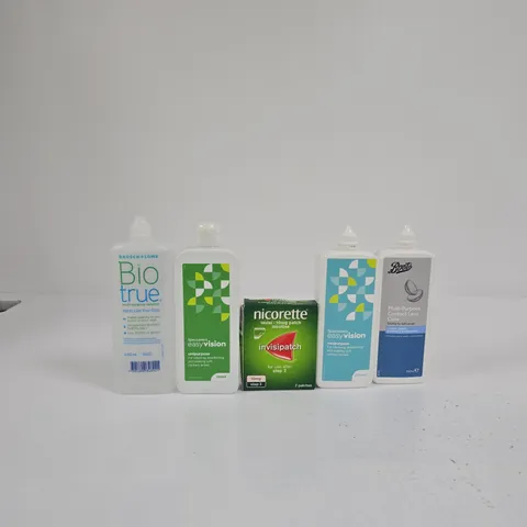 TOTE OF APPROXIMATELY 10 ASSORTED ITEMS  INCLUDING SPECSAVERS EASY VISION EASIPURPOSE 250ML, NICORETTE INVISI 10MG PATCH AND SPECSAVERS EASY VISION UNIPURPOSE 240ML