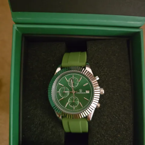 SCHWARTZBAUER GREEN DIAL CHRONOGRAPH WATCH – STAINLESS STEEL CASE, GREEN SILICONE STRAP (BOXED)