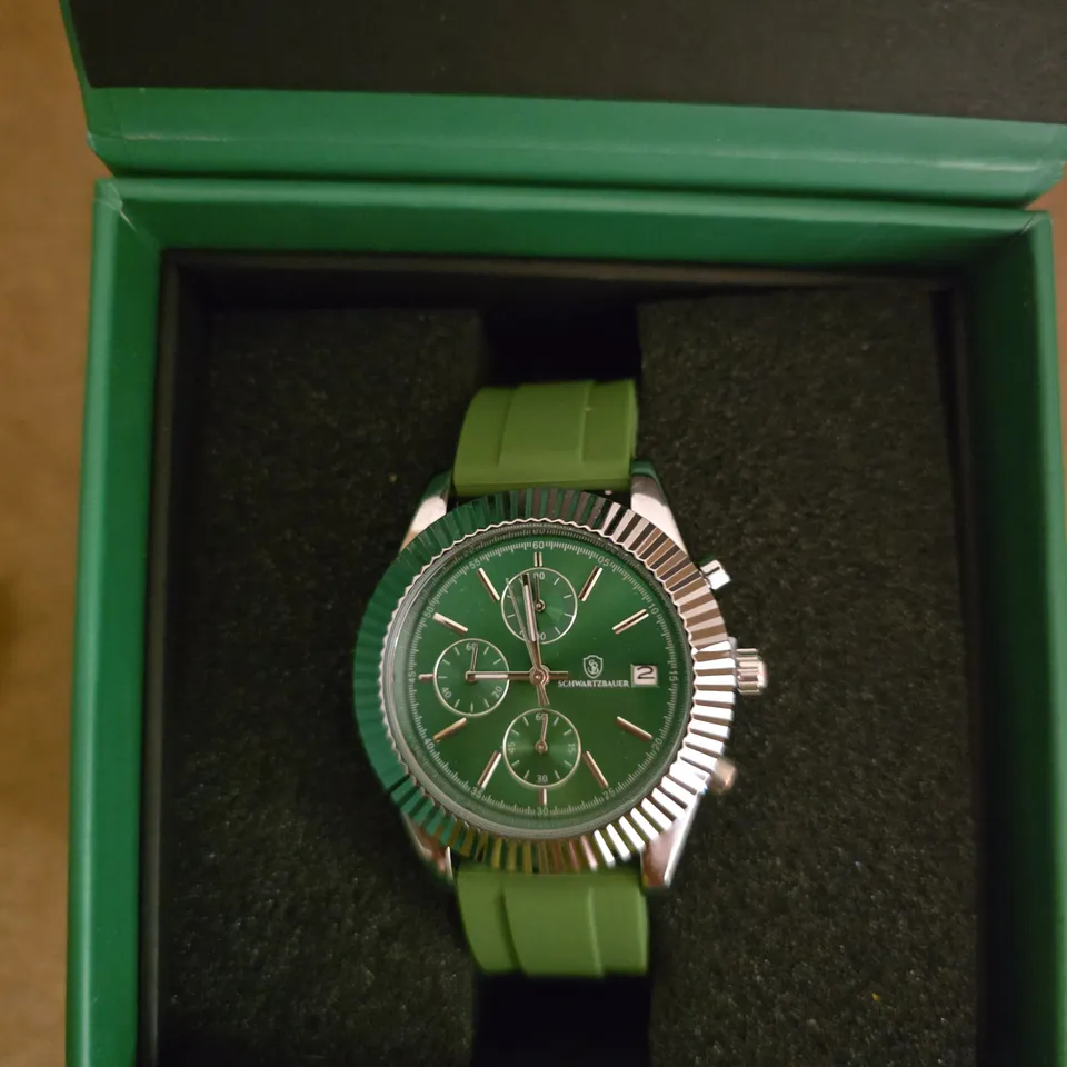 SCHWARTZBAUER GREEN DIAL CHRONOGRAPH WATCH – STAINLESS STEEL CASE, GREEN SILICONE STRAP (BOXED)